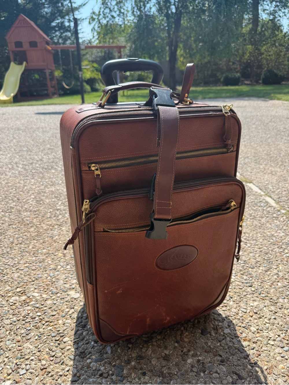 Orvis Brown Leather Rolling Carry-On with Multiple Front Pockets